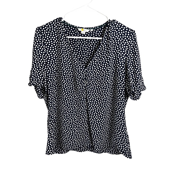 Boden Navy Polka Dot V-Neck Blouse Size 12 Short Sleeve Business Casual - Picture 1 of 11